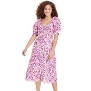 Who What Wear Button Front Linen Blend Puff Sleeve Midi Dress - Small